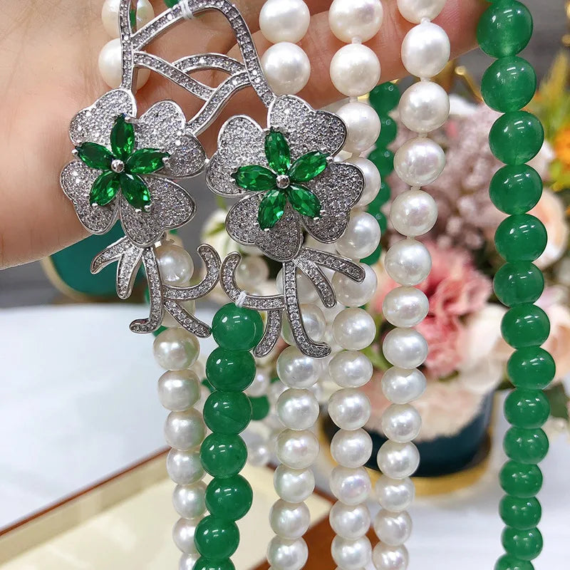 3rows  freshwater pearl white near round 7-8mm &green jade round necklace 80cm