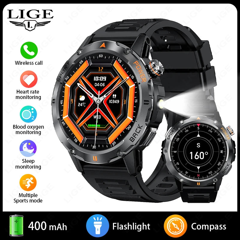 2025 New Outdoor Military Compass Smartwatch Men's 360*360 HD Large Screen Heart Rate Bluetooth Call IP68 Waterproof Smart Watch