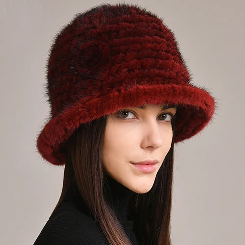 Woman Hat Winter Solid Mink Caps With Flower Natural Mink Fur Hats New Russian Girl Soft Knitting Real Fur Bucket Hats 2025 Warm