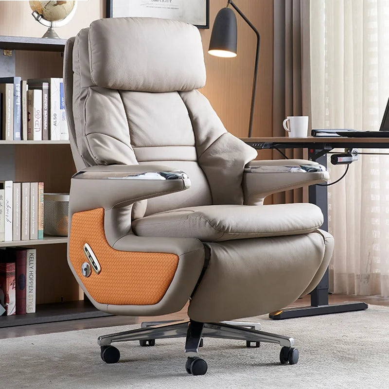 Leather Massaging Executive Office Chair — Beige | KIMLUD