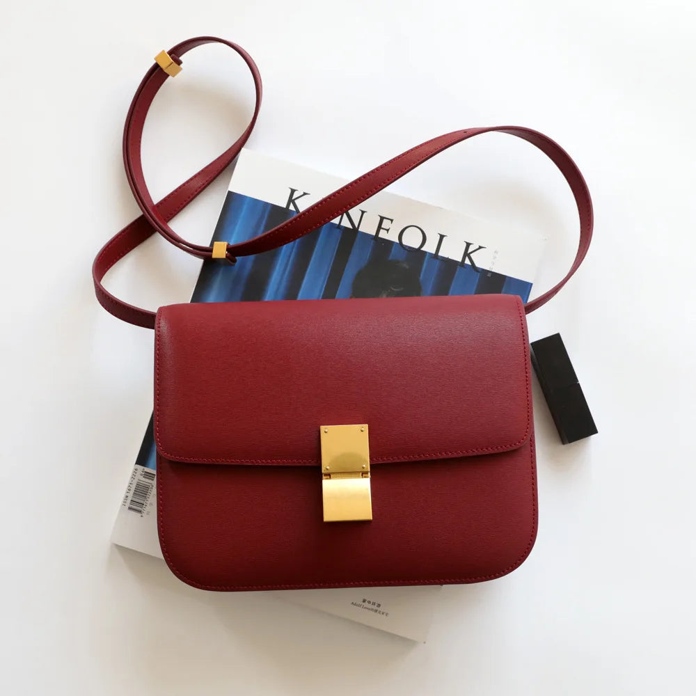 Split Leather Shoulder Bag Single Flap Lock — Black | KIMLUD