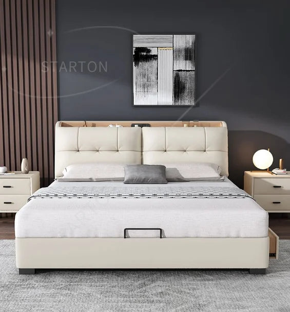 Pure White Nordic Style Oak Panel Queen Bed Frame Steel Frame Cama Modern Bed Queen Size Bed