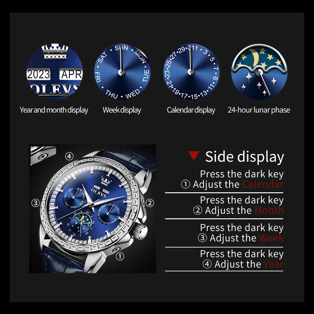 Moon Phase Leather Luxury Watch Diamond Bezel With Automatic Movement 41mm Case — Blue | KIMLUD