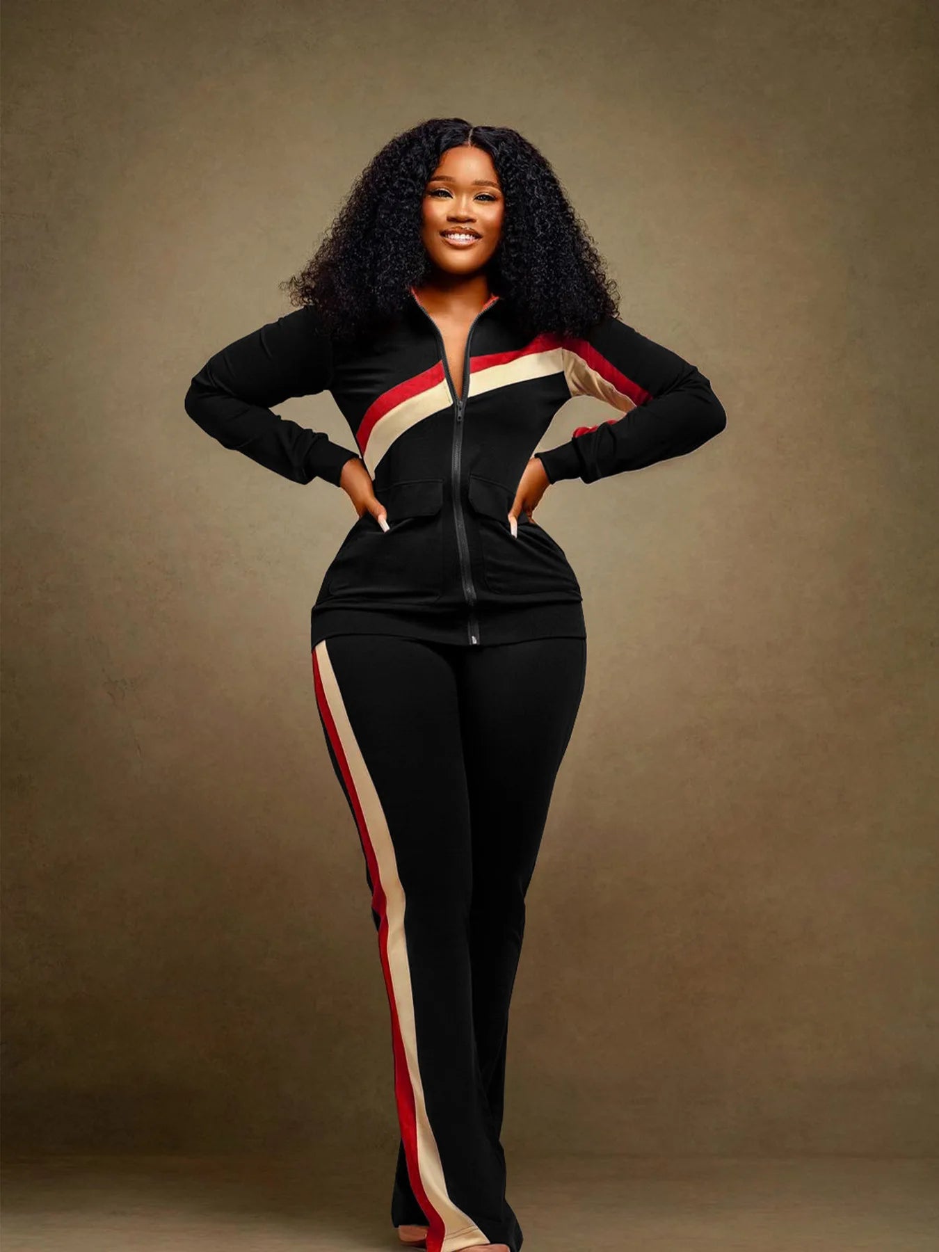 Knit Striped Splicing Two-Piece Sports Set Cream And Burnt-Orange Stripe Panels — Black | KIMLUD