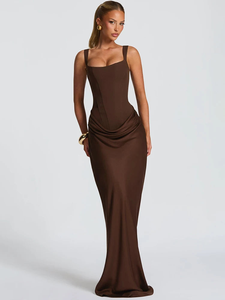 Backless Maxi Dress With Square Collar — Burgundy | KIMLUD