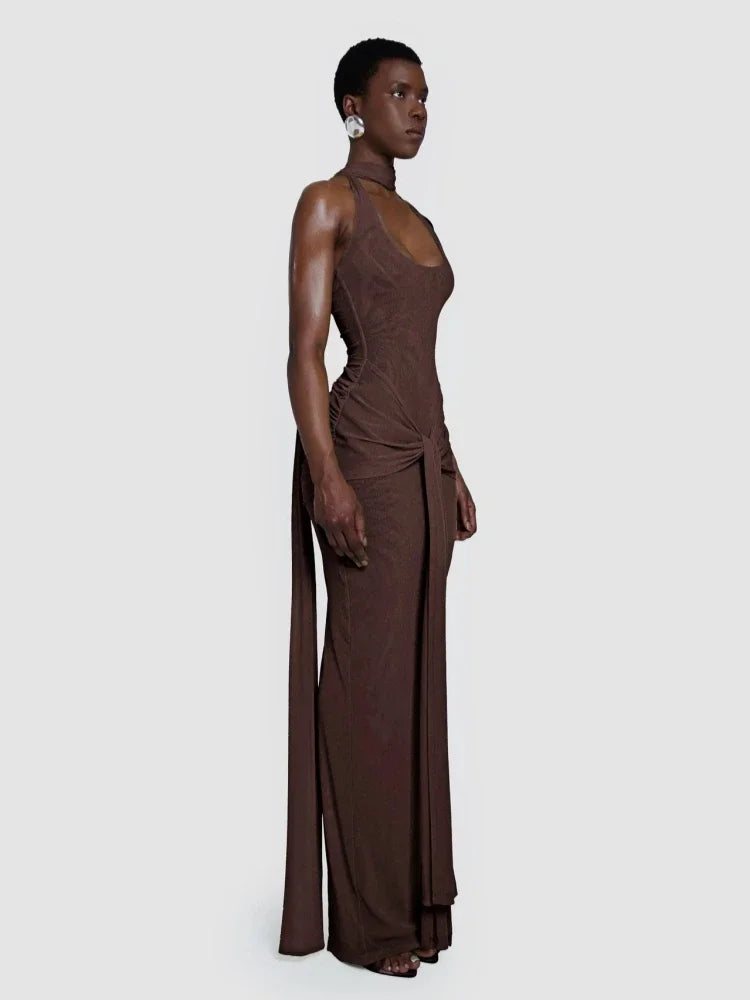 Backless Halter Dress - Draped Silhouette - Polyester - Brown | KIMLUD