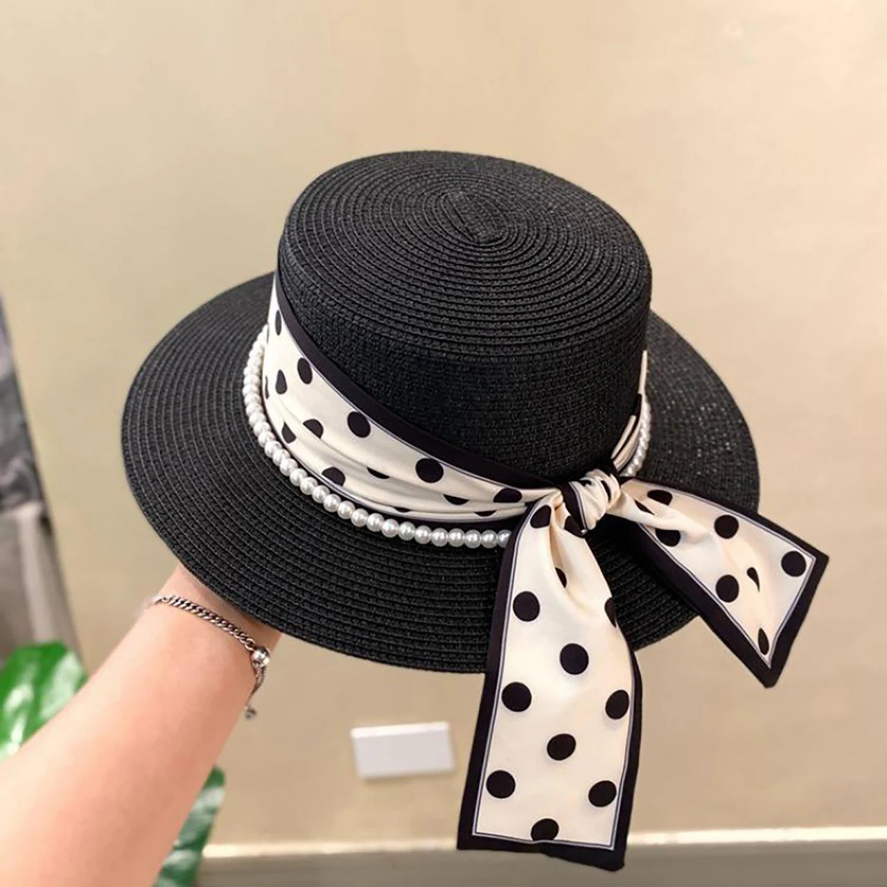 Fashion Straw Hat for Women Dot Ribbon Pearl Summer Wide Brim Sunshade Dome Basin Hats Franch Lady Elegant Travel Beach Sun Cap