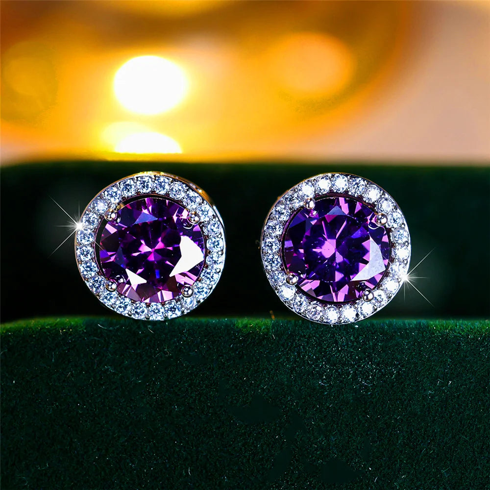 Crystal Stud Earrings Round — Purple Blue Green | KIMLUD