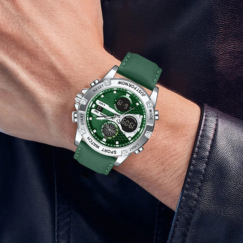 LIGE FOXBOX Fashion Electronic Watches for Men Leather Military Casual Sports Waterproof Dual Digital Display Quartz Chronograph