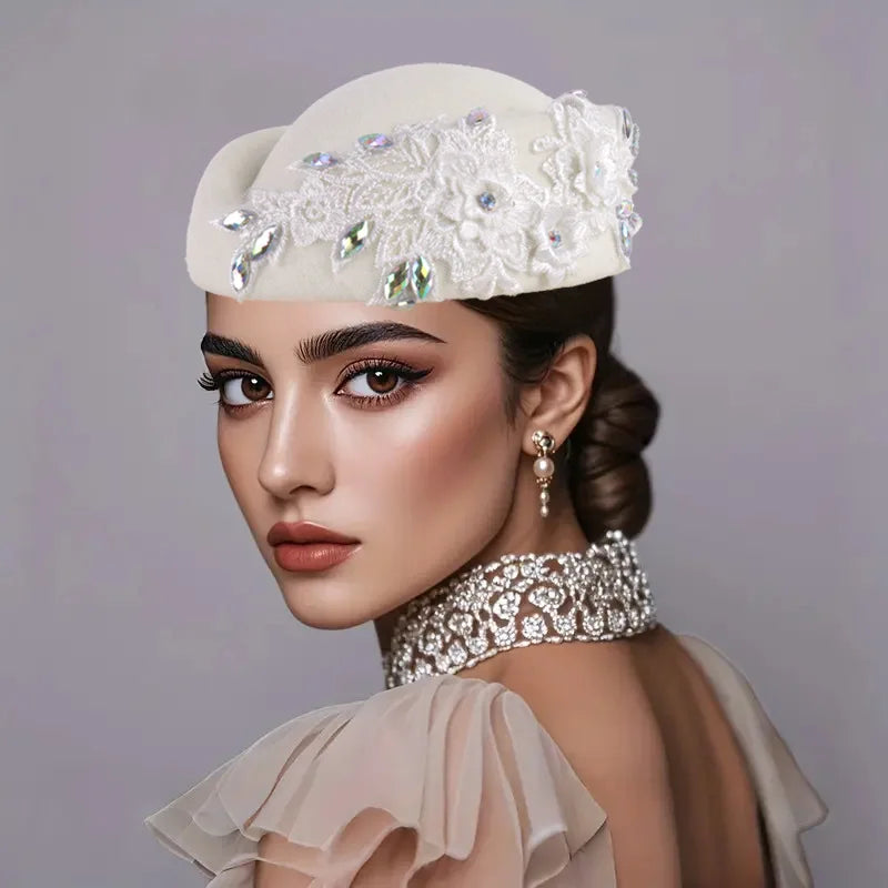 Beret Hat – Flower Embellishment – Polyester – Red and White | KIMLUD