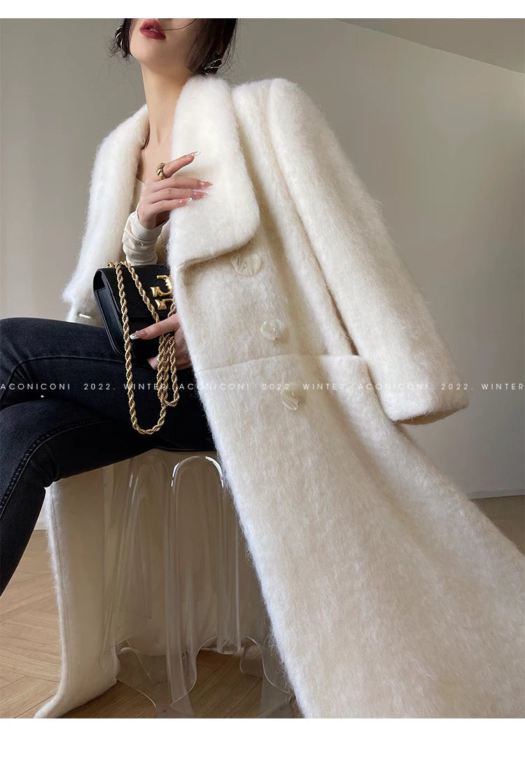 Coat – Double Breasted Long – Wool Blends – White | KIMLUD