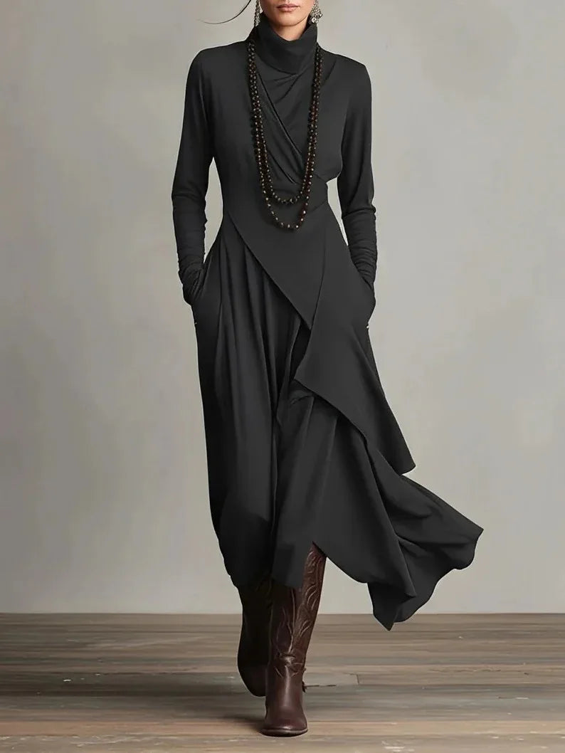 Vintage Irregular Cross Dress for Women Long Sleeve Solid Turtleneck Simple Fashion Casual Spring Holiday Long Dresses