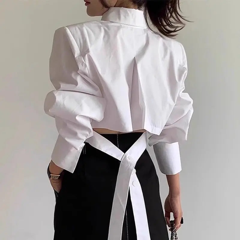 Polyester Blouse Turn-Down Collar Long Sleeve — White | KIMLUD