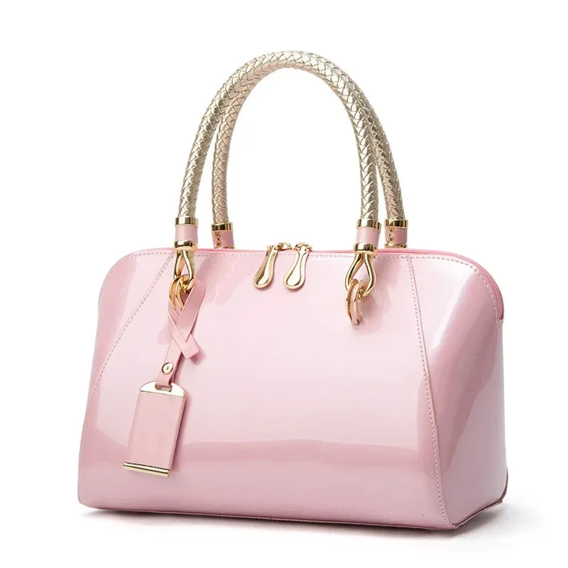 Shiny Faux Leather Boston Bag Deluxe — Ivory | KIMLUD