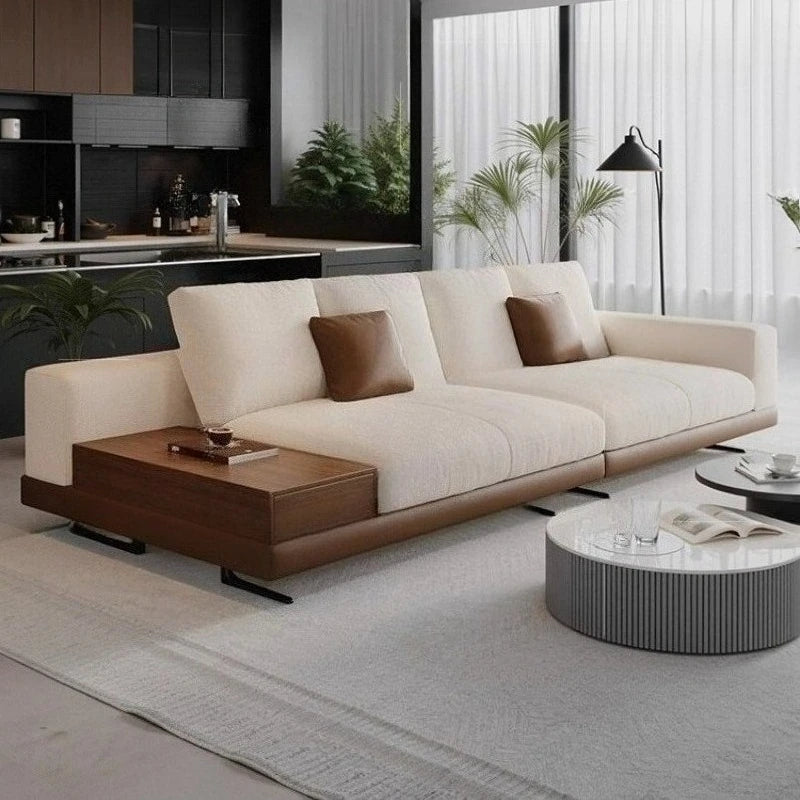 Linen-Cotton Minimalist Straight Sofa With Edge Table — Ivory | KIMLUD