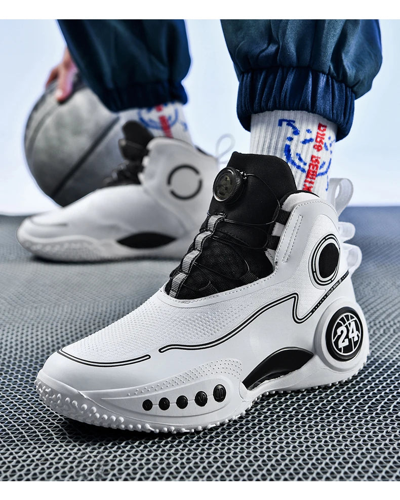 Rotary button shock-absorbing anti-slip wear-resistant sports shoes youth sports students high top basketball shoes male