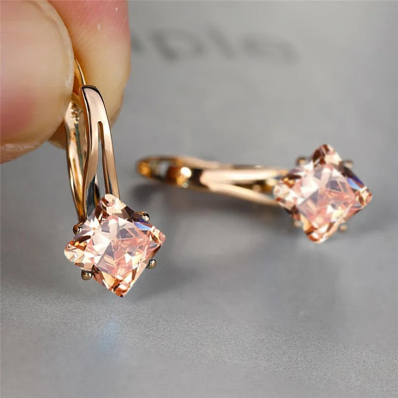 Rose Gold Hoop Earrings Square-Cut Cubic Zirconia — Rose Gold | KIMLUD