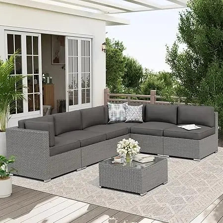 Rattan Outdoor Sofa Set 7-Piece With Glass Top Table — Red | KIMLUD