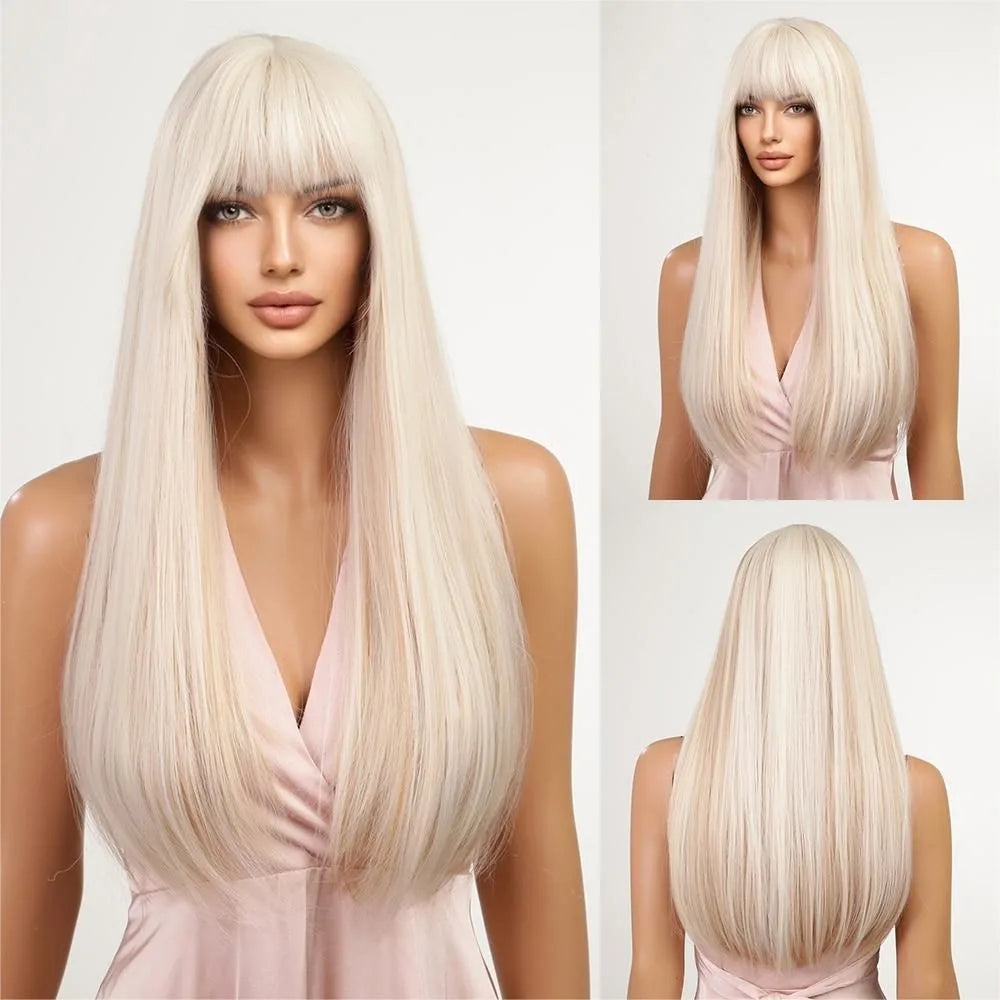 ALAN EATON Chestnut Brown Synthetic Wig with Bangs Long Straight Wig Natural Layered Hair Smooth Soft Daily Wig Heat Resistant