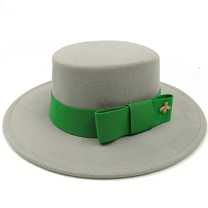 Wholesale Fedora hats Winter round concave convex surface flat top bow elastic ribbon men&#39;s and women&#39;s felt jazz hats Fedora - KIMLUD