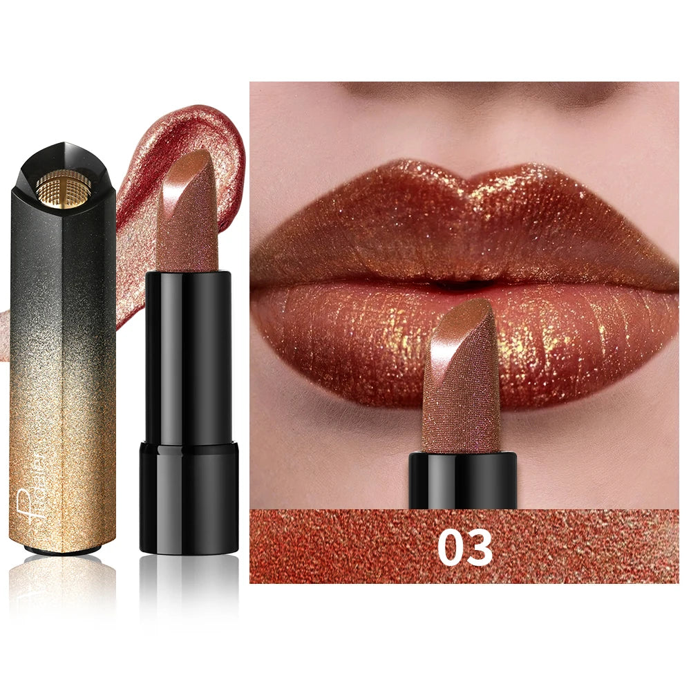 Pudaier Pearly Metallic Shimmer Lipstick, Glitter Shine Finish, Creamy Smooth Texture, High Pigment Party Makeup