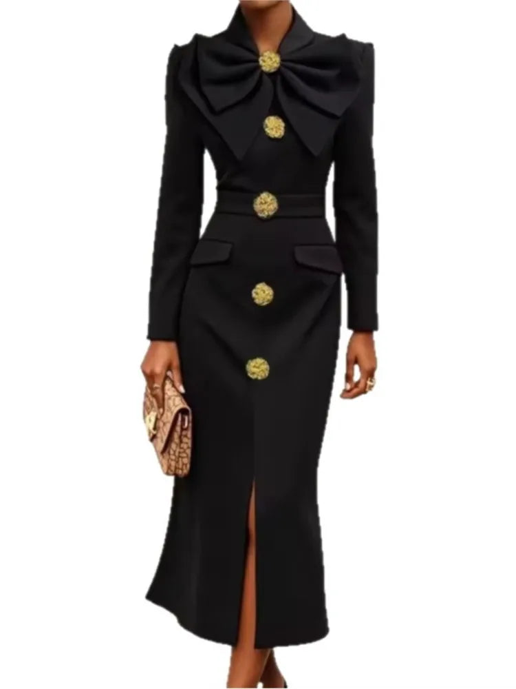 Evening Dress – Bow Tie Buttoned Long Sleeve – Polyester Slim Black | KIMLUD