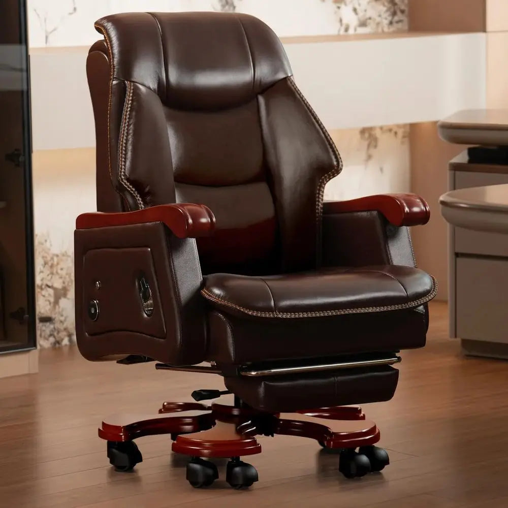 Wood Frame Executive Office Chair With Massage And Heating — Brown | KIMLUD