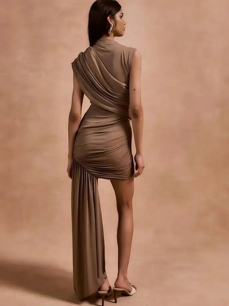 Ruched Ribbon Mini Dress Irregular Neck — Coffee | KIMLUD