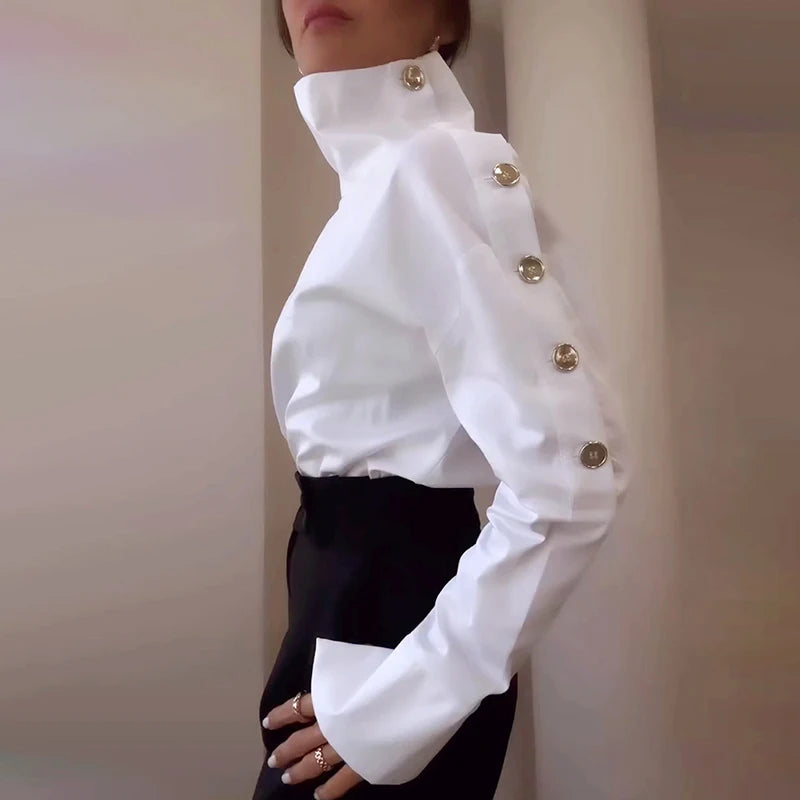 KIMLUD, Office Ladies One Shoulder Temperament Blouse 2025 Fashion Metal Button Slim Shirts Vestido Women New White Long Sleeve Tops, KIMLUD Womens Clothes