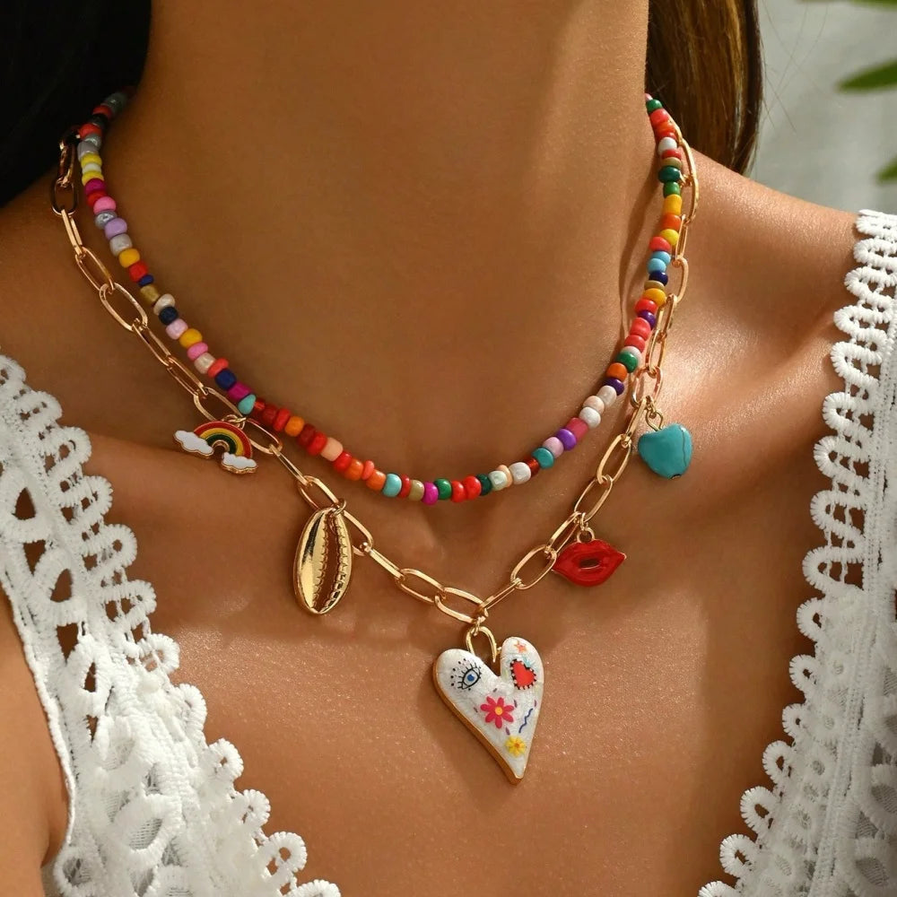 Bohemian Multilayer Handmade Beads Chain Fashion Necklaces Tassels Colorful Love Oil Drop Pendant Pendant Jewelry For Women Acce