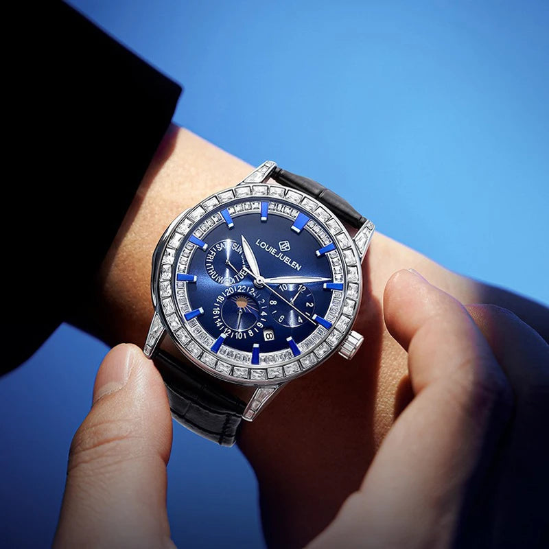 Automatic Moon Phase Watch Leather Strap Diamond Bezel Week Calendar — Blue | KIMLUD