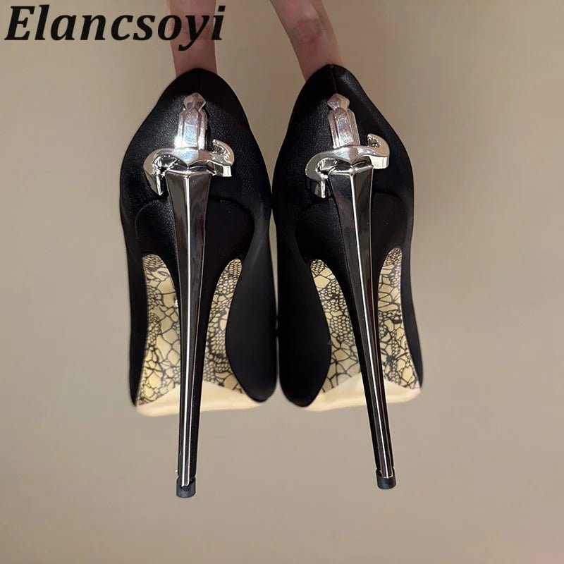 Leather Pumps With Metal High Heels Metal-Embellished Shaft Sculpted Pointed Toe — Gold | KIMLUD