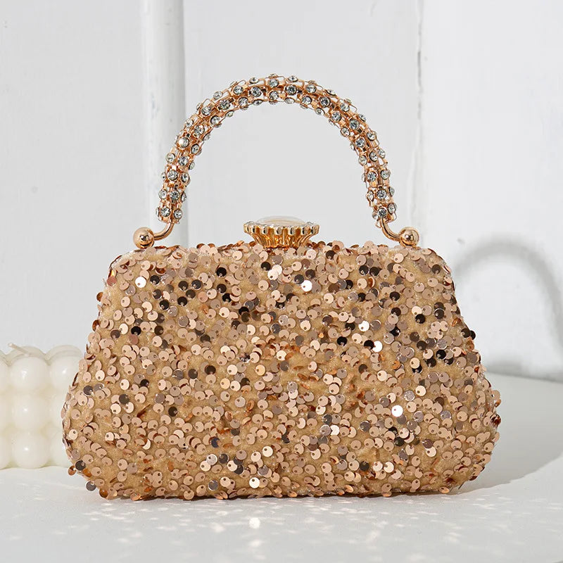 Sequined Evening Handbag Rhinestone Top Handle — Red | KIMLUD