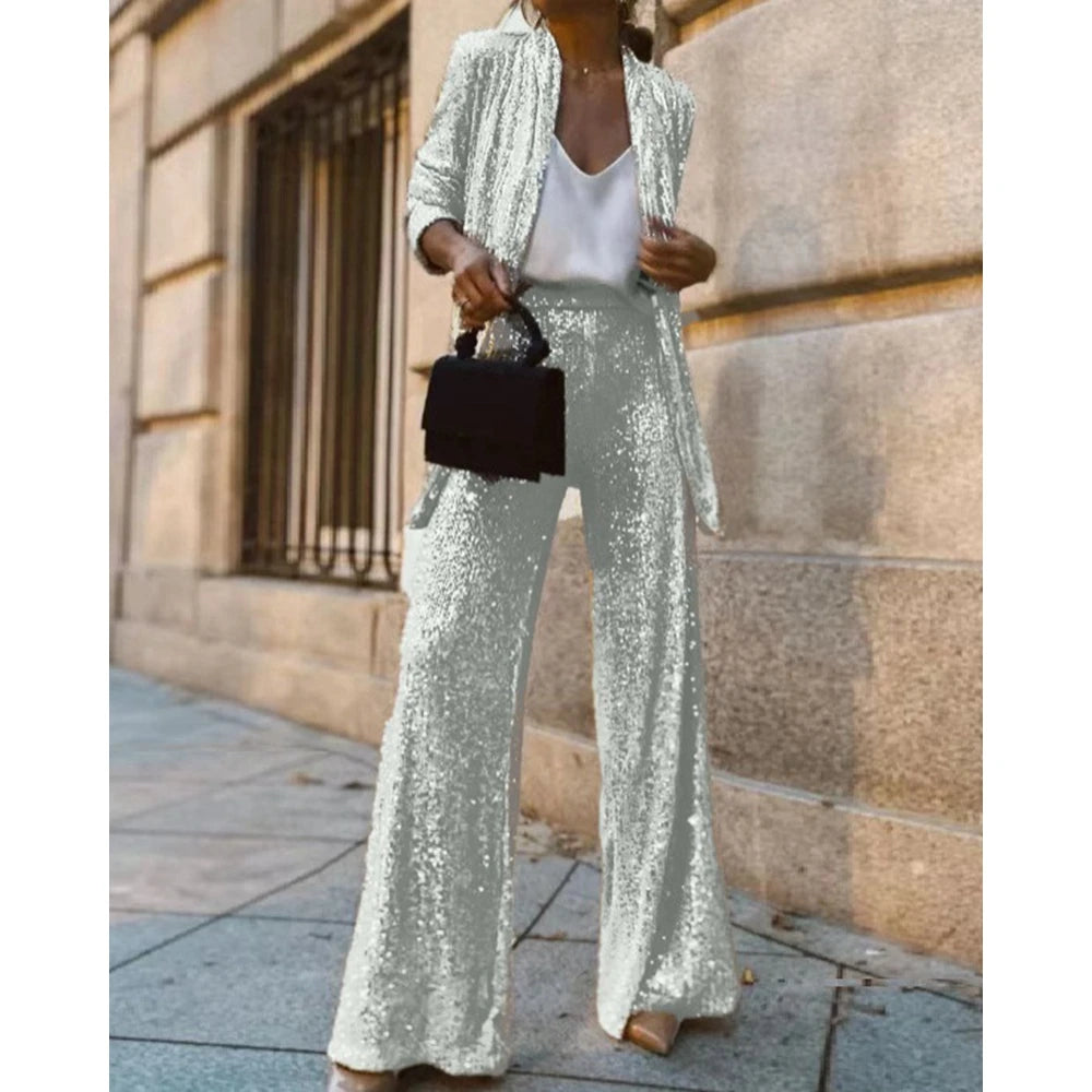 All Over Sequins Long Sleeve Coat Top & Wide Leg Pants Set For Women Korean Style Femme Tow Pieces Set Elegant Wear