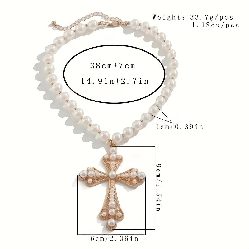 KIMLUD, Exquisite and exaggerated punk necklace with a cross inspired pearl pendant, suitable for women's wedding parties, KIMLUD Womens Clothes