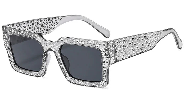 Plastic Diamond-Studded Square Sunglasses — Black | KIMLUD