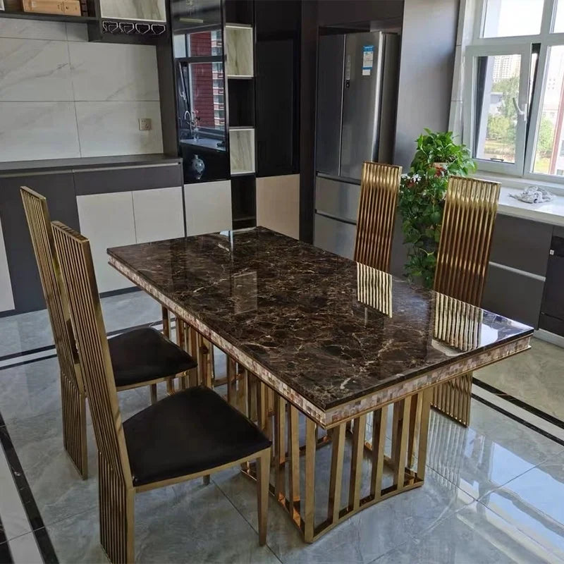 Marble Top Gold Frame Dining Table — Brown | KIMLUD