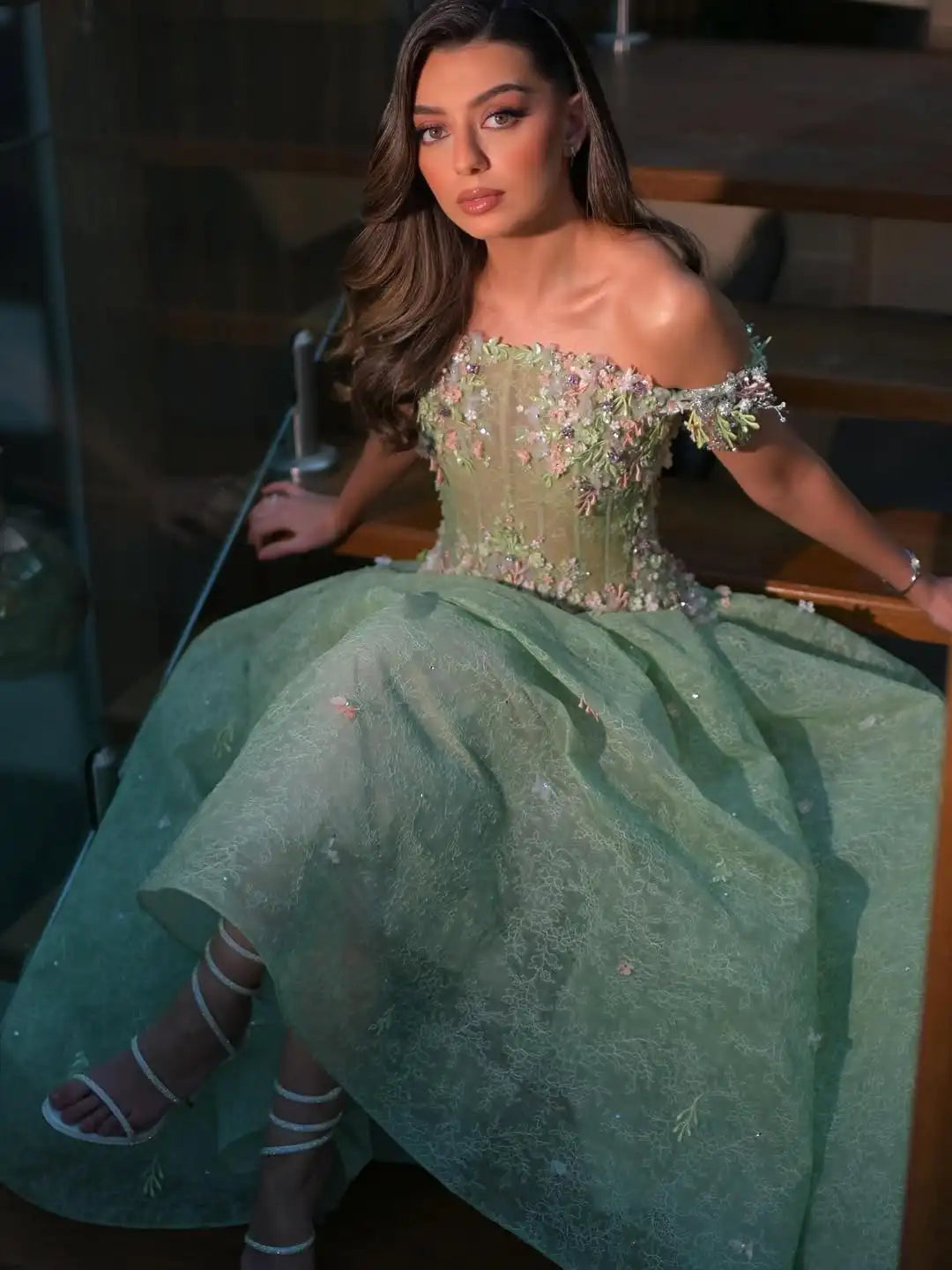 Evening Dress – 3D Floral Embroidery – A-Line Tulle – Mint Green | KIMLUD