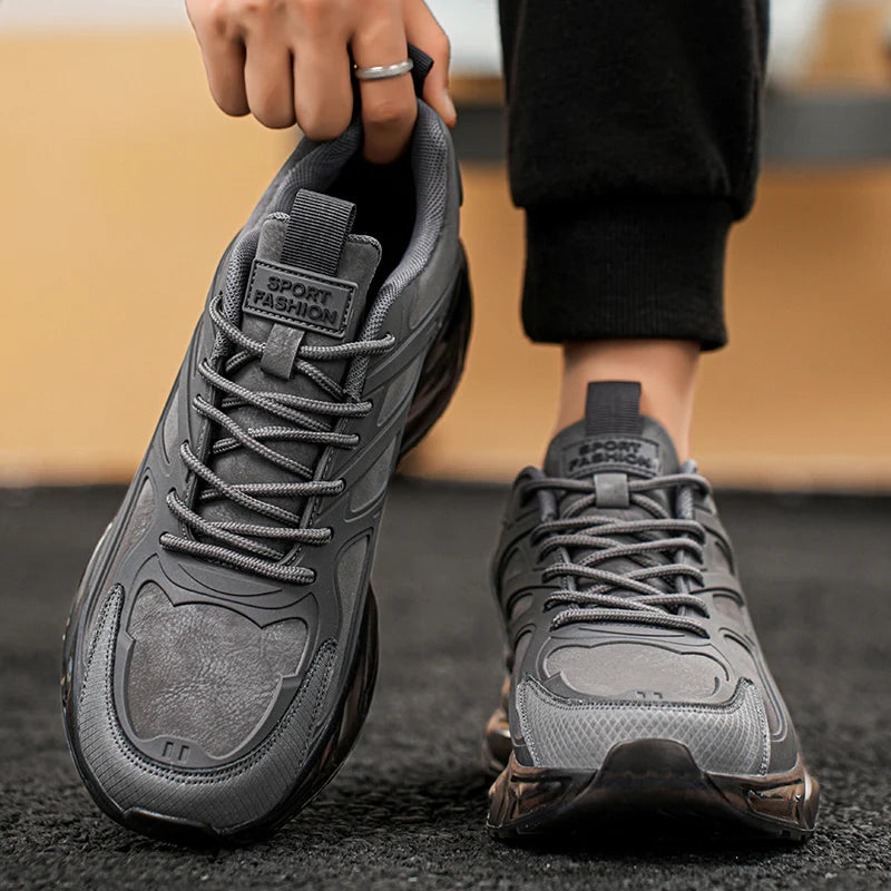 Breathable Mesh Running Shoes Lightweight Non Slip — Black With Amber Accents | KIMLUD