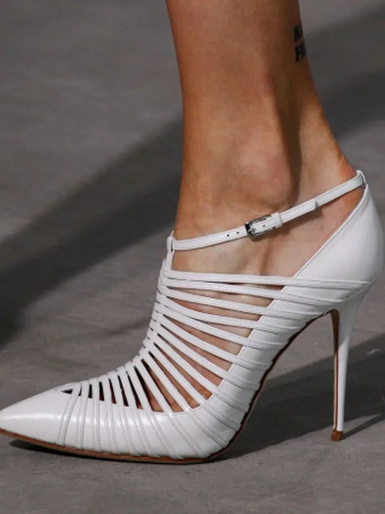 Microfiber Pointed Toe Cutout Pumps Buckle Strap — White | KIMLUD
