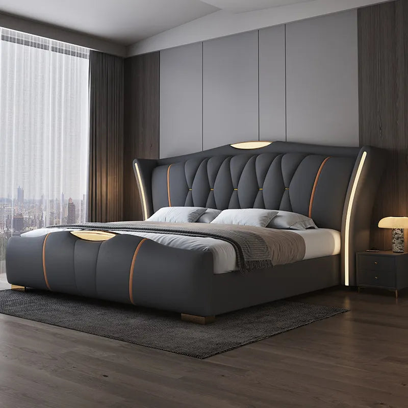 Leather Bed Frame With Lit Headboard — Ivory-Beige | KIMLUD