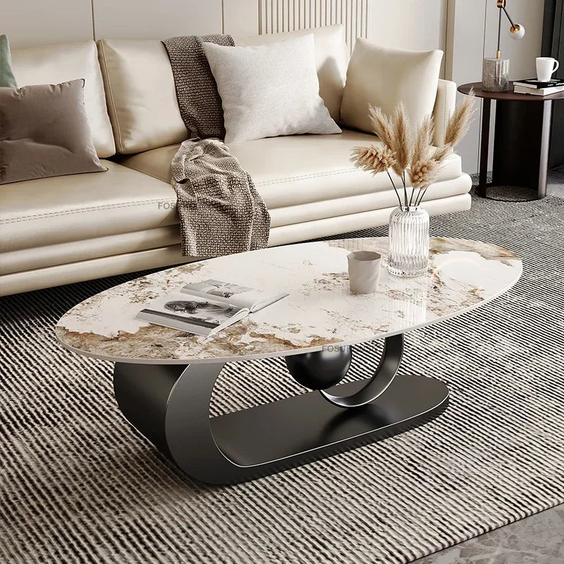 Wrought Iron Oval Coffee Table Marble-Top Italian Rock Plate European Design — Ivory | KIMLUD