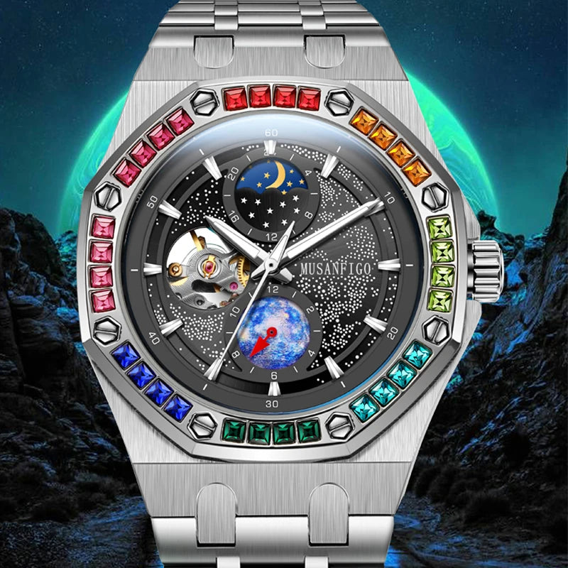 Men's fully automatic mechanical watch, night glow, sun, moon, stars, hollowed out men's watc father's day gift