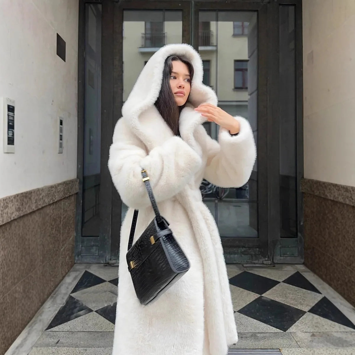 Faux Fur Coat – Hooded – Regular Length – Artificial Fur | KIMLUD