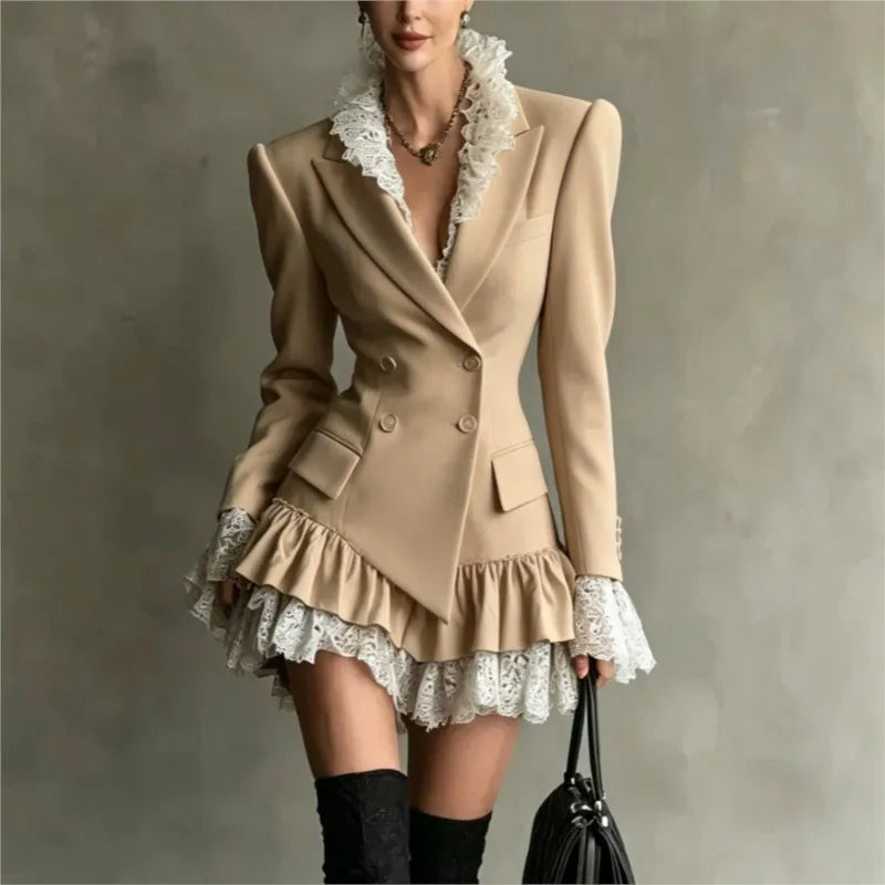 Mini Dress – Double Breasted Lapel – Lace Ruffle Silhouette – Polyester | KIMLUD