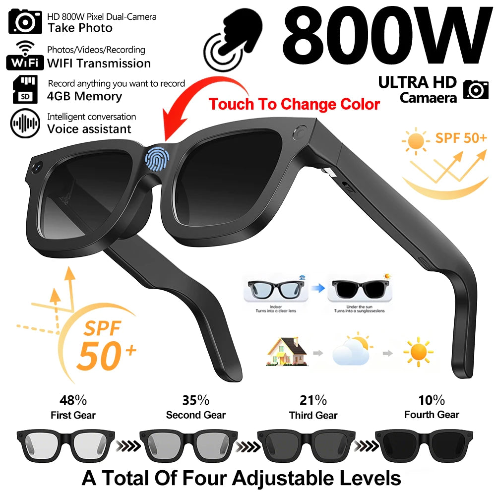 Photochromic Smart Glasses HD Photo Video Translation — Black | KIMLUD