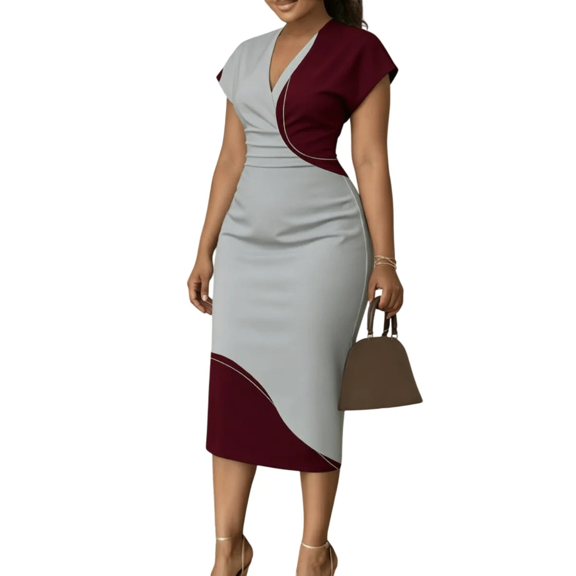 Midi Pencil Dress – Colorblock Bodycon Silhouette – Polyester | KIMLUD