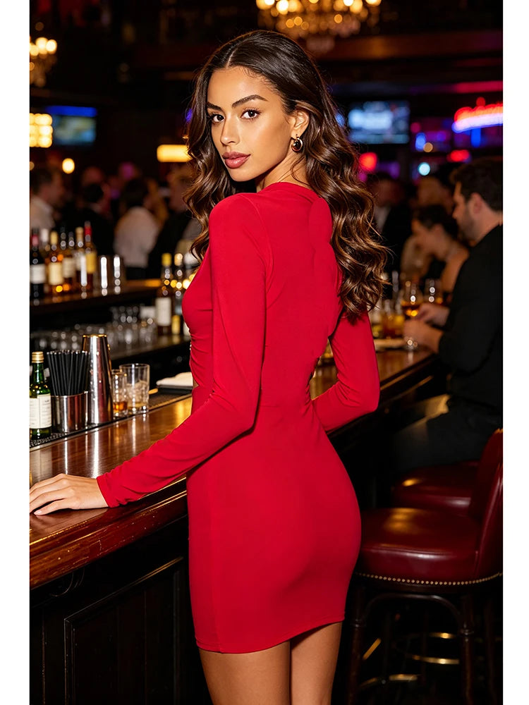 Mini Dress – Ruched Bodycon Silhouette – Red Polyester | KIMLUD