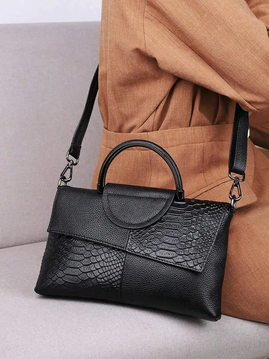 Black PU Croc-Texture Patchwork Clutch with Top Handle for Evening Events