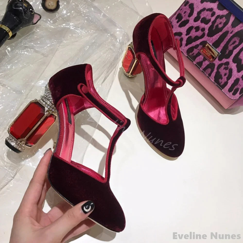 Sculpted Velvet T-Strap Crystal Heels — Emerald | KIMLUD